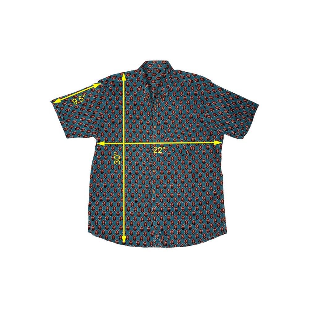 Mens Teal Blue Floral Block Print Short Sleeve Button Down Shirt Boho - Picture 6 of 7